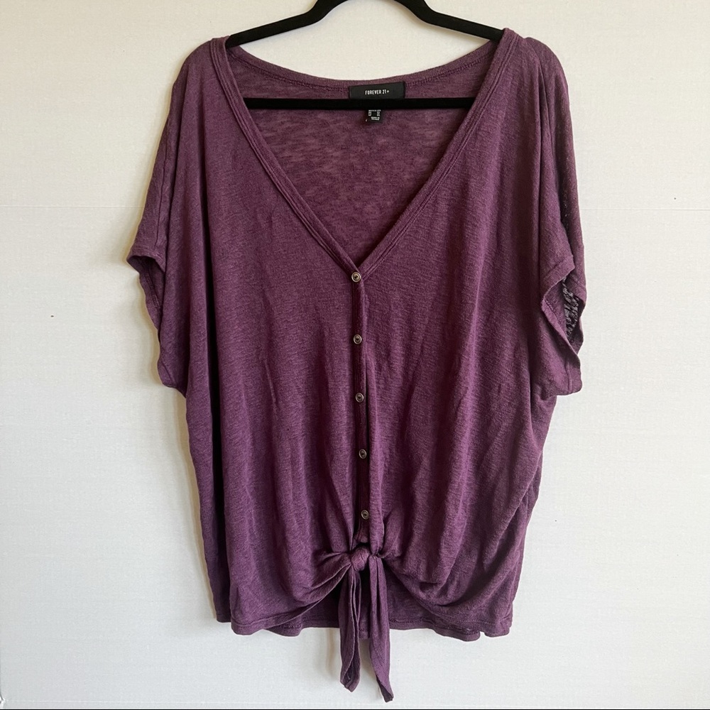 Purple Forever 21 + Faux Button Up Knotted Tee